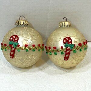 VTG Candy Cane Ornaments (2) White Glitter Red Green Ribbon Trim Christmas Glass